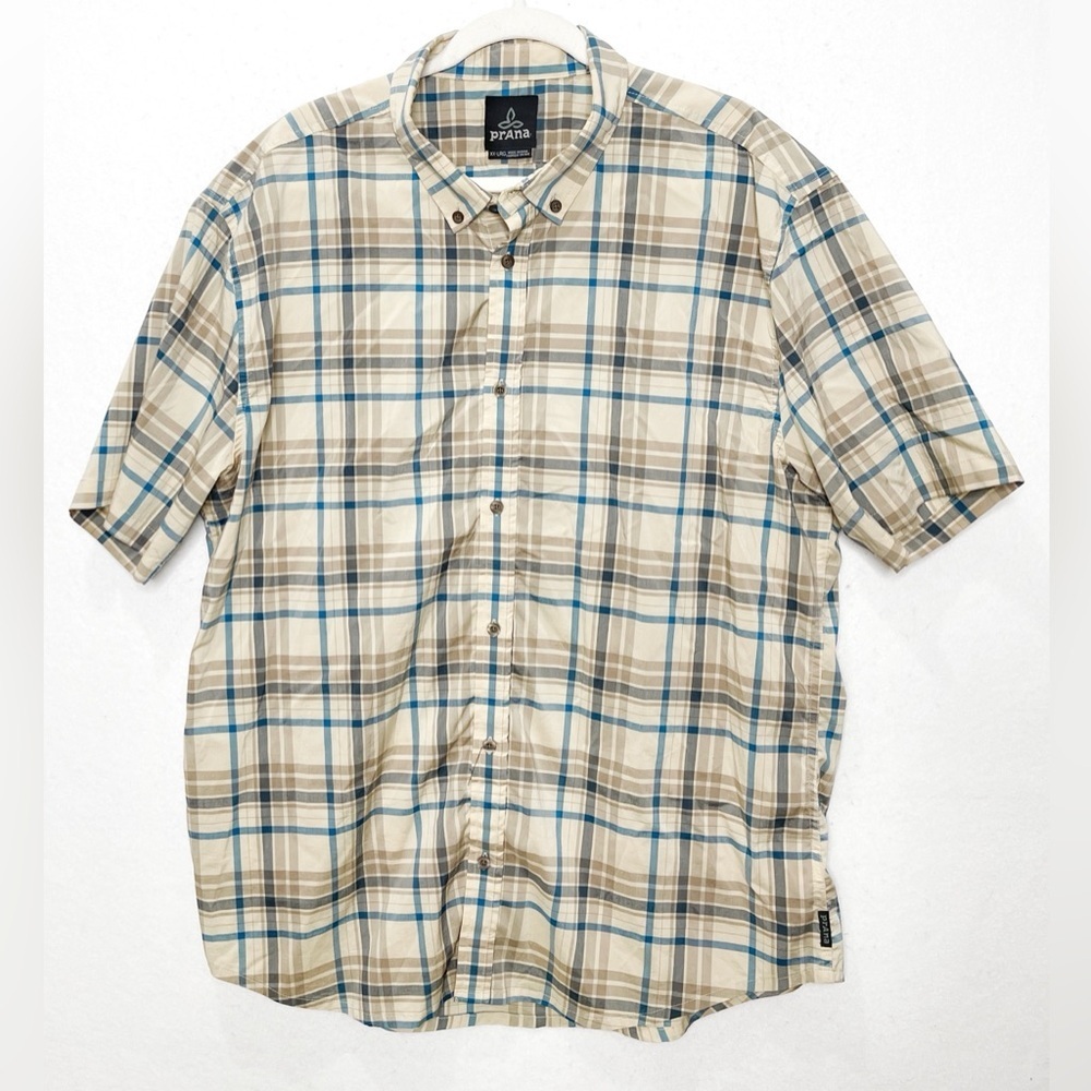 PRANA Men's Offwidth Short Sleeve Button Front Shirt Plaid Organic Cotton XL